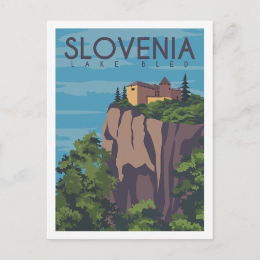 スロベニア湖ブリードトラベルプレイスイラストレーション ポストカード (正面)