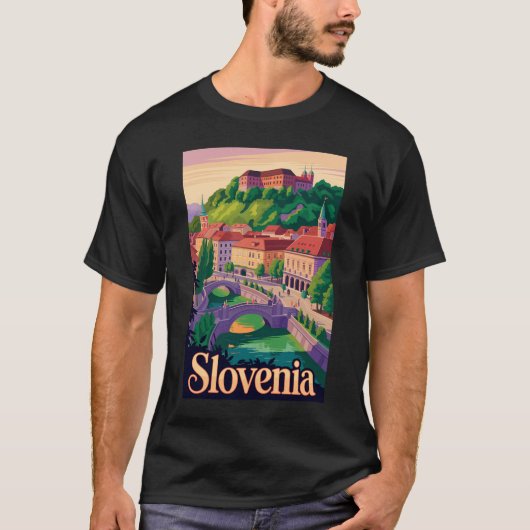 スロベニア リュブリャナ 橋 イラスト 旅行 アート Tシャツ (正面)