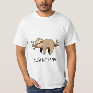 スローだけどハッピー – かわいいナマケモノのイラスト ユニセックス Tシャツ