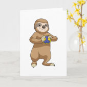 スローガンスロ(のんびり屋)がハンドボール選手でハンドボール(を持って) カード (黄色い花)