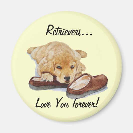 スローガン絵画を持つゴールデンレトリバーの子犬 マグネット (正面)