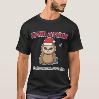 スローサンタがやってくる!かわいい眠そうなナマケモノのクリスマスデザイン Tシャツ
