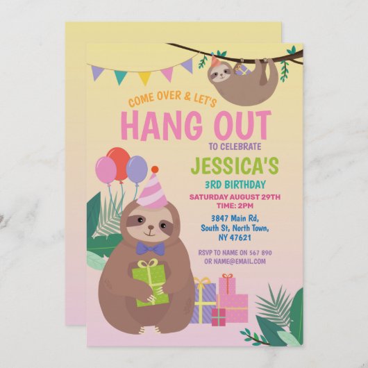 スロースパーティー誕生日かわいいおもしろいピンクの動物 招待状 (正面/裏面)