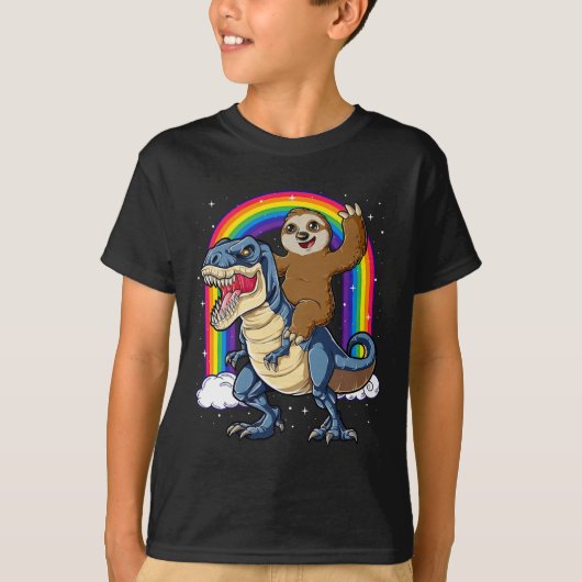 スロース乗馬Tレックス恐竜のレインボーおもしろい動物 Tシャツ (正面)