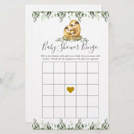 スロース家族の赤ちゃんシャワービンゴゲーム (正面/裏面)