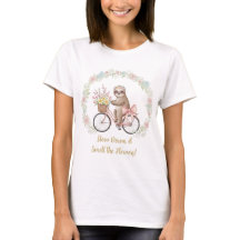 スローダウンして花を愛でよう 女性用ナマケモノTシャツ