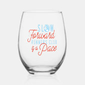 スローランナーズクラブおもしろい引用文ブルーオレンジ文字 ステムなしワイングラス (正面)