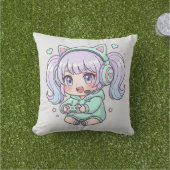 スロー枕 - 熱中ちびゲーマーガール アウトドアクッション (芝生)