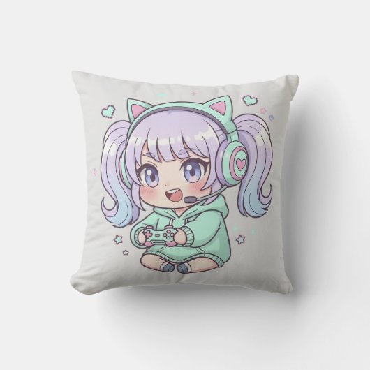 スロー枕 - 熱中ちびゲーマーガール アウトドアクッション (正面)
