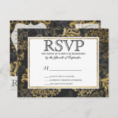 スワエレガントンキーフェイク金ゴールド、ブラック、グレーフローラ インビテーションポストカード (正面/裏面)