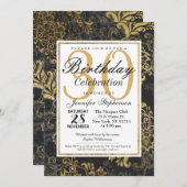 スワエレガントンキーフェイク金ゴールド、ブラック、グレーフローラ 招待状 (正面/裏面)