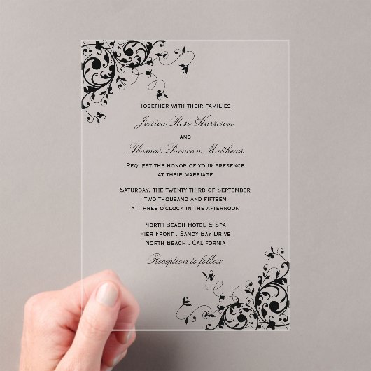 スワエレガントール黒と白結婚の アクリル招待状 (インサイチュ (ポータブル))