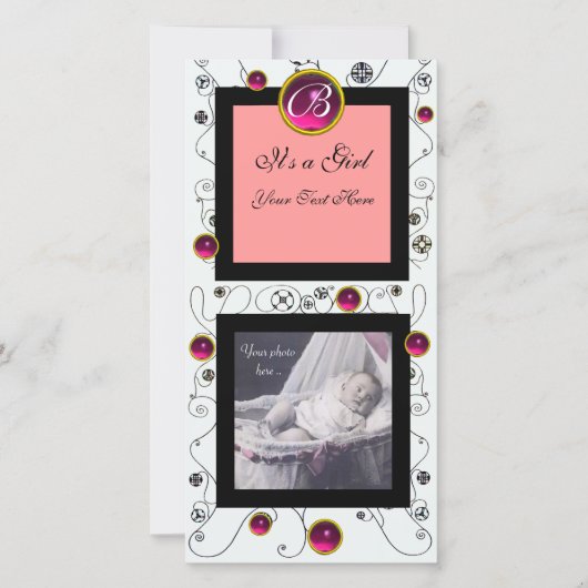 スワファンシーールベビーガールモノグラム、ルビーホワイト 案内状 (正面)