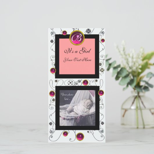 スワファンシーールベビーガールモノグラム、ルビーホワイト 案内状 (スタンド正面)