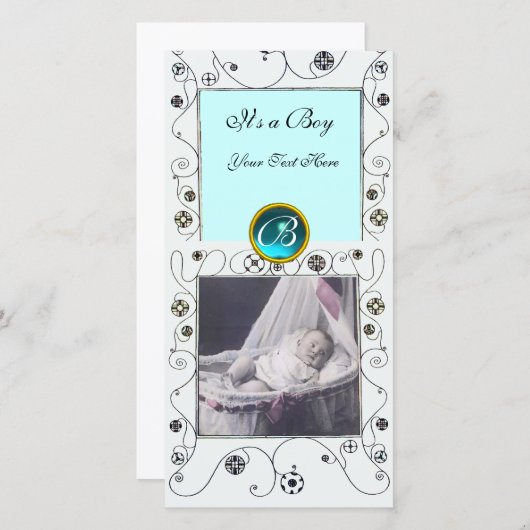 スワファンシーール男の赤ちゃんモノグラム、アクアマリンホワイト 案内状 (正面/裏面)