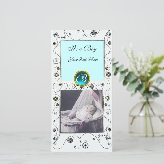 スワファンシーール男の赤ちゃんモノグラム、アクアマリンホワイト 案内状 (スタンド正面)