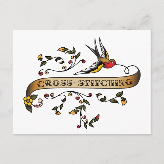 スワローとクロステッチング付きスクロール ポストカード (正面)