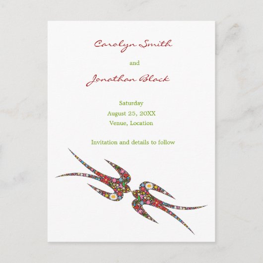 スワローズキスをする春の花シック日付を保存 案内ポストカード (正面)