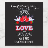 スワローズラブハートレッドローズパーソナライズされた ワインラベル (シングルラベル)