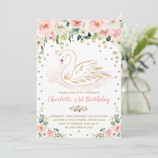 スワンかわいらし/赤面ピンク金ゴールドフローラガール誕生日 招待状 (スタンド正面)