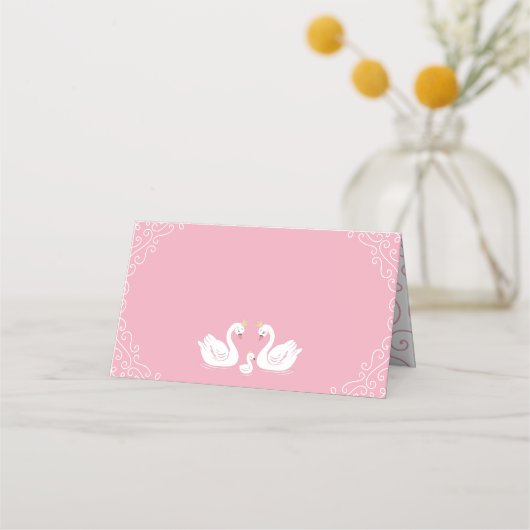 スワンの赤ちゃんシャワーバードクラウンコエッドピンク プレイスカード (正面)