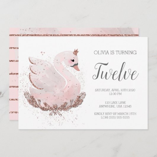 スワンの1歳誕生日 | 白とローズゴールドのグリッター 招待状 (正面/裏面)