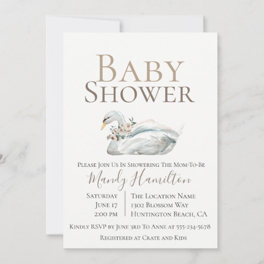 スワンエレガントフローラニュートラルベビーシャワー招待状 招待状 (正面)