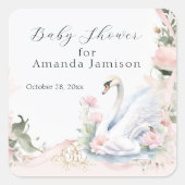 スワンエレガントフローラ赤面ピンクリボンベビーブシャワー スクエアシール (正面)