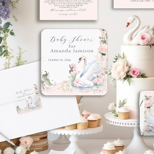 スワンエレガントフローラ赤面ピンクリボンベビーブシャワー スクエアシール