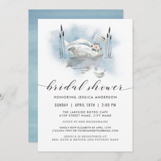 スワンオンザレイクウォーターカラーブライダルシャワー 招待状 (正面/裏面)