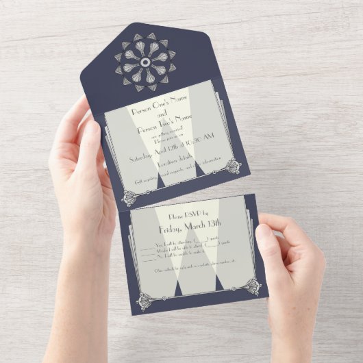 スワンキーアールデコイン青 オールインワン招待状 (貼ってはがせる)