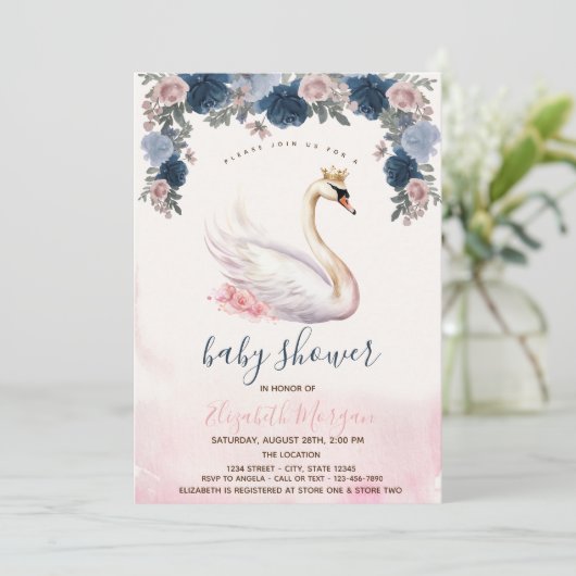 スワンクラウン花ピンクのストライプ花ベビーシャワー 招待状 (スタンド正面)