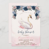 スワンクラウン花ピンクのストライプ花ベビーシャワー 招待状 (正面/裏面)