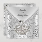 スワンシルバーダマスクホワイトエレガント誕生日 招待状 (正面/裏面)