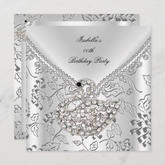 スワンシルバーダマスクホワイトエレガント誕生日 招待状 (正面/裏面)