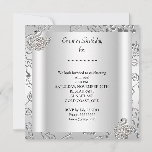 スワンシルバーダマスクホワイトエレガント誕生日 招待状 (裏面)