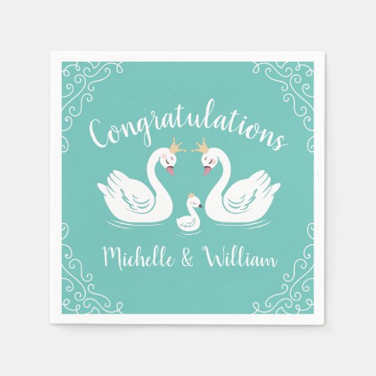 スワンス赤ちゃんシャワーバードとクラウンの共同ティール(緑がかった色) スタンダードカクテルナプキン (正面)