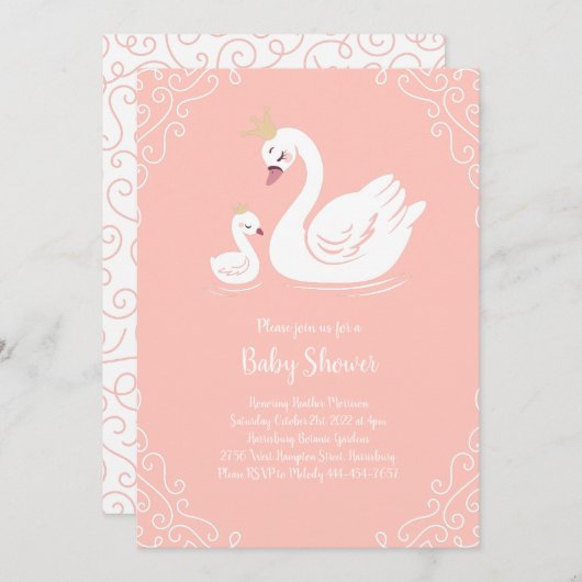 スワンス赤ちゃんシャワーバードとクラウンテーマ桃 招待状 (正面/裏面)