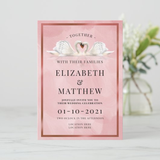 スワンズカラーほこりっぽいピンクローズテーマ結婚 招待状 (スタンド正面)