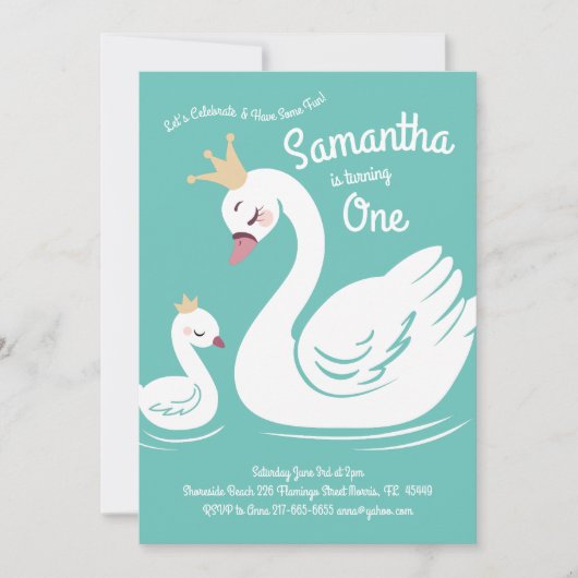 スワンズ可愛い1歳の誕生日パーティー 招待状 (正面)
