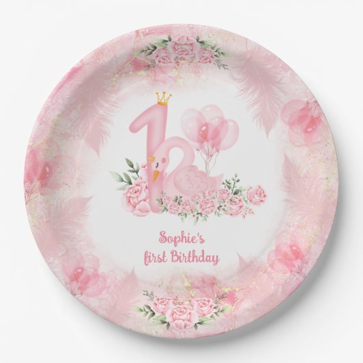 スワンソフトフローラバラピンクホワイトガール1st誕生日 ペーパープレート (正面)