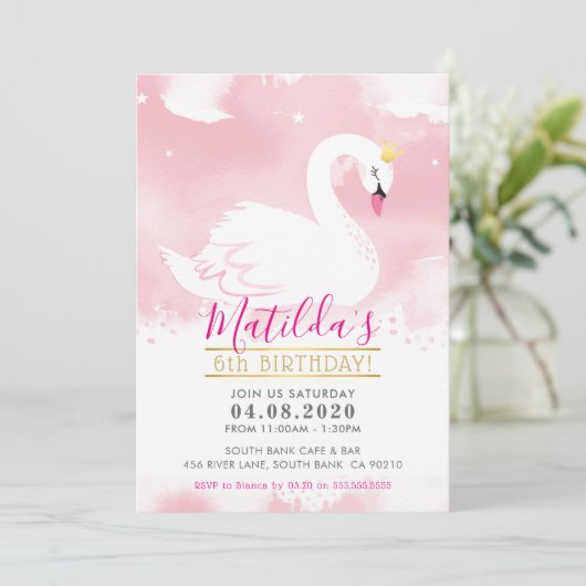 スワンバースデーパーティー招待状かわいらしティアラ金ゴールドピンク 招待状 (スタンド正面)