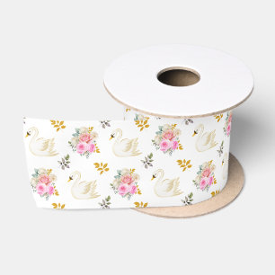 スワンピンクとゴールドの花のバラ サテンリボン