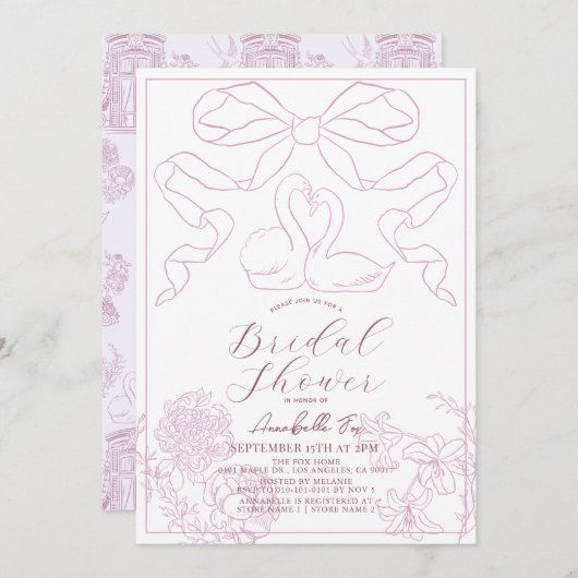 スワンピンクのトワルドジューイ ブライズシャワー 招待状 (正面/裏面)