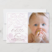 スワンピンクのトワル・ド・ジューガール フォト 1歳の誕生日 招待状 (正面)