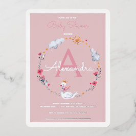 スワンピンクの赤ちゃんシャワーの招待状 箔招待状
