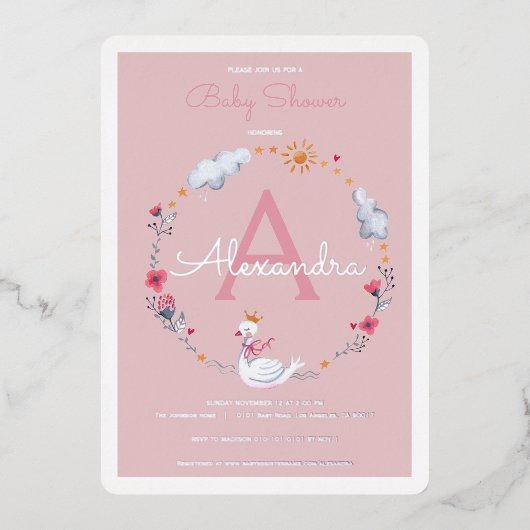 スワンピンクの赤ちゃんシャワーの招待状 箔招待状 (正面)