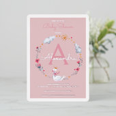 スワンピンクの赤ちゃんシャワーの招待状 箔招待状 (立ち正面)