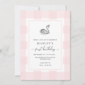 スワンピンクギンガムファースト誕生日 招待状 (正面)