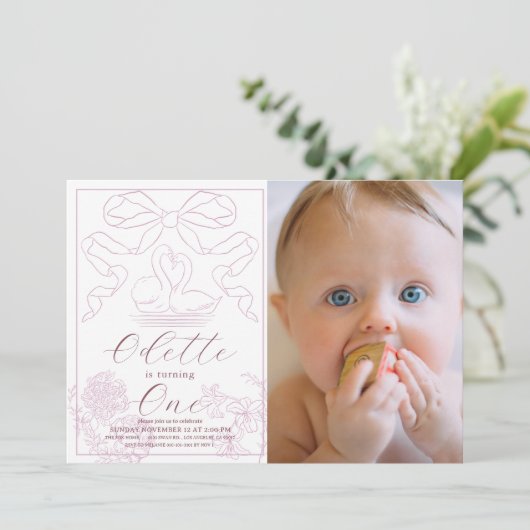 スワンピンクトイレデジュイガール写真1st誕生日 招待状 (スタンド正面)